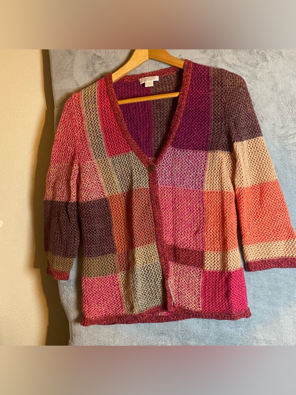 Women’s Multicolor Patchwork Knit Cardigan Sweater summer cottage size M